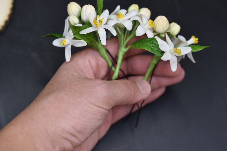 Orange blossom pin Bloming tangerine hair accessories Floral hair pins White wedding hair pins Bridesmaid hairpin Small flower Set hairpins image 10