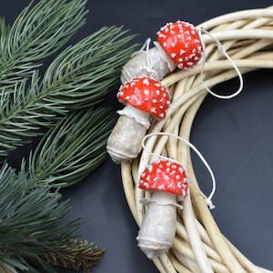 Fly Agaric Christmas Ornament Set: Cold Porcelain Mushroom Decoration