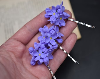 Lilac hairpin clay Purple flowerLilac hair flower Flower hairpin Small flower Ultra violet wedding Lilac flower jewelry Bridesmaid hairpin