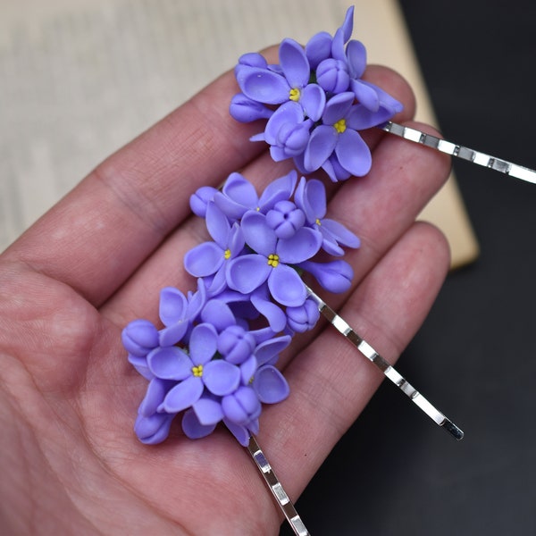 Lilac hairpin clay Purple flowerLilac hair flower Flower hairpin Small flower Ultra violet wedding Lilac flower jewelry Bridesmaid hairpin