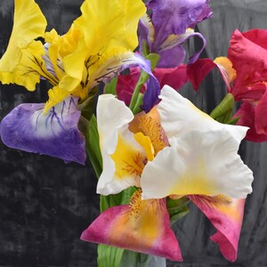 Op de afbeelding: Een boeket kleurrijke irissen in tinten geel, paars, wit en roze. De bloemen zijn in een vaas gerangschikt en staan ​​in volle bloei.