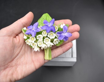 Wild violets viola lily of the valley brooch spring floral handmade brooch floral elegant jewelry clay flowers gift for women cold porcelain