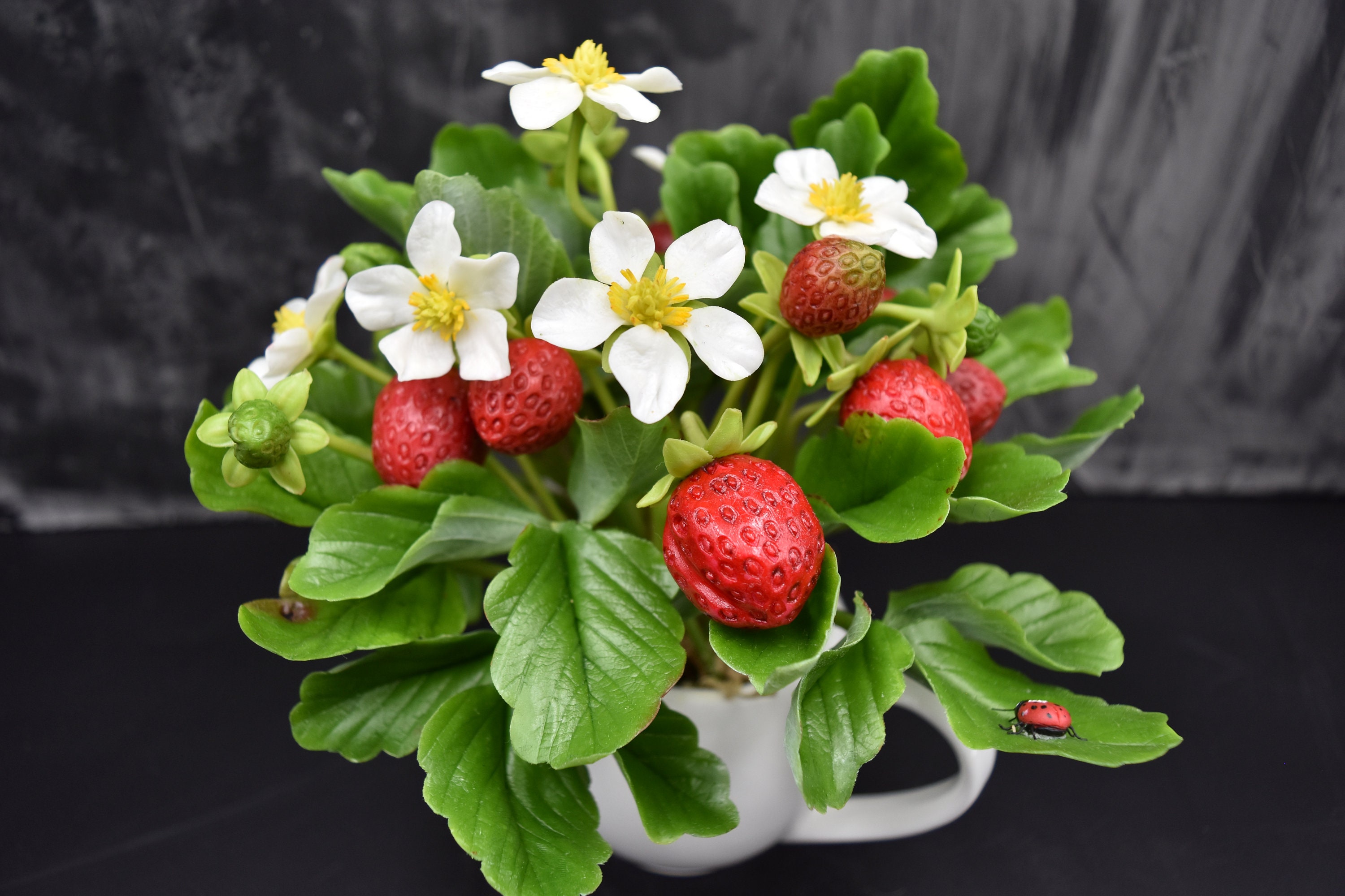 Cold Porcelain Strawberry Flowerpot: Handmade Clay Floral