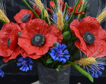 Handmade Cold Porcelain Poppy Bouquet: Cornflower & Wheat Floral