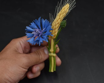 Cornflower brooch Spikelet of wheat Cold porcelain flower Wild flower bouquet artificial cornflower cobalt blue ornament Ceramic Cornflower