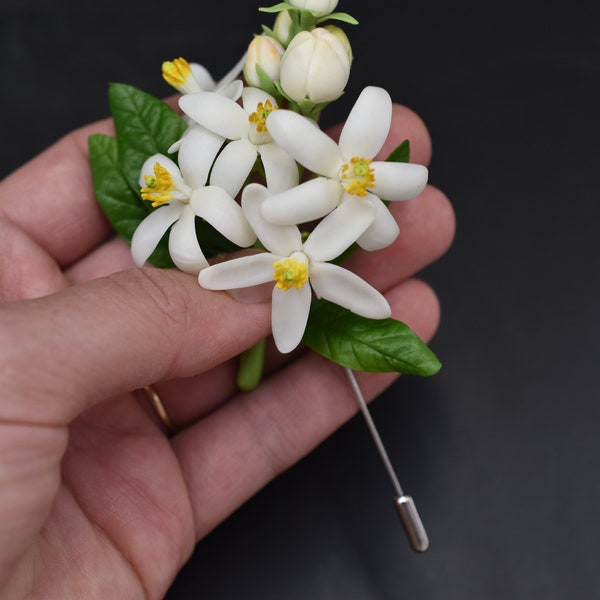 Orange Citrus brooch Bloming tangerine flowers cold porcelain Wedding boutonniere White wedding brooch Botanical flowers Handcrafted flowers