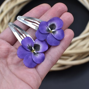 Purple pansy hair pins lilac pansy bridal hair pins viola flower hair grips Porcelain Purple Pansy violet cold porcelain pansies clay