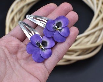 Purple pansy hair pins lilac pansy bridal hair pins viola flower hair grips Porcelain Purple Pansy violet cold porcelain pansies clay
