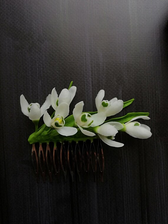Bridal Flower Comb Snowdrop Polymer Clay Flowers White Wedding Etsy