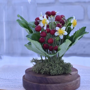 Strawberry in glass dome botanical table centerpiece porcelain flowers rustic floral arrangement cold porcelain flowers Woodland