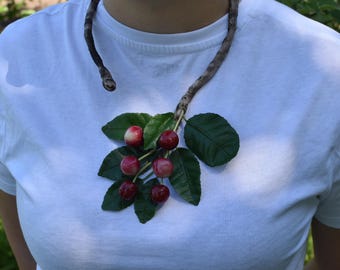 Handmade Cherry Necklace: Cold Porcelain Floral Jewelry