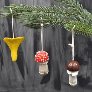 Ceramic Mushroom Christmas Ornaments: Set of 3 Cold Porcelain Decorations