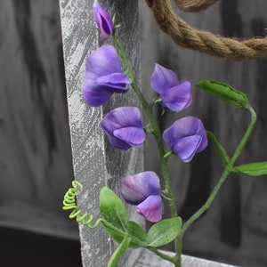 May include: A purple flower with a green stem and leaves. The flower is in bloom and has several petals. The stem is wrapped around a wooden post.