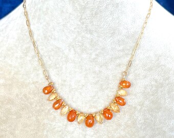 Spessartine Garnet and Citrine Necklace: Gold Filled Paperclip Chain