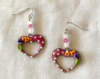 Enamel and Glass Heart Earrings