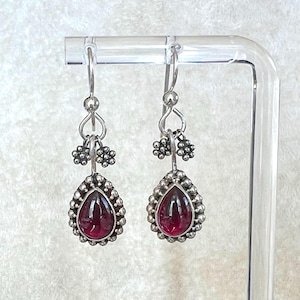 Garnet Sterling Silver Drop Earrings with Flower Accent