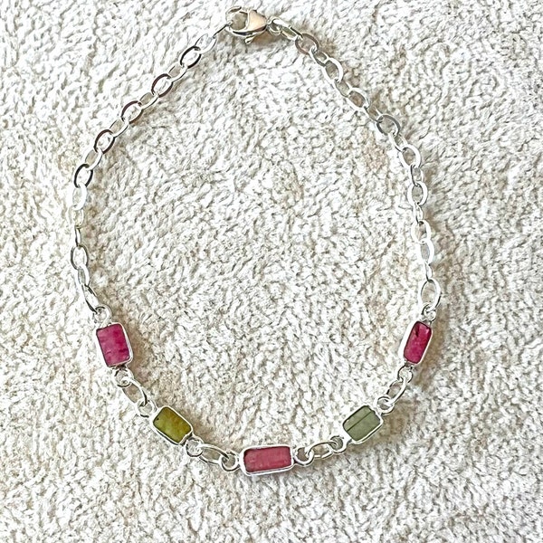 Delicate Watermelon Colored Tourmaline Bracelet:  rectangles of pink and green tourmaline gems bezel set in sterling silver connectors