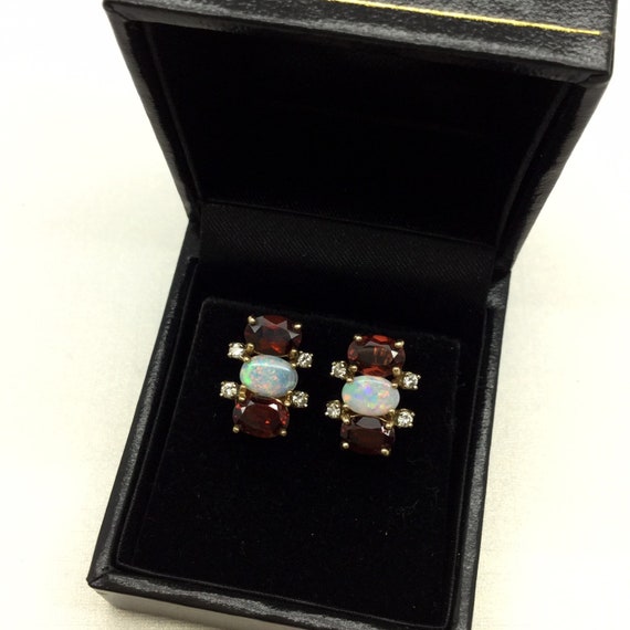 Vintage Garnet, Opal and Diamond Earrings ~ Yello… - image 1