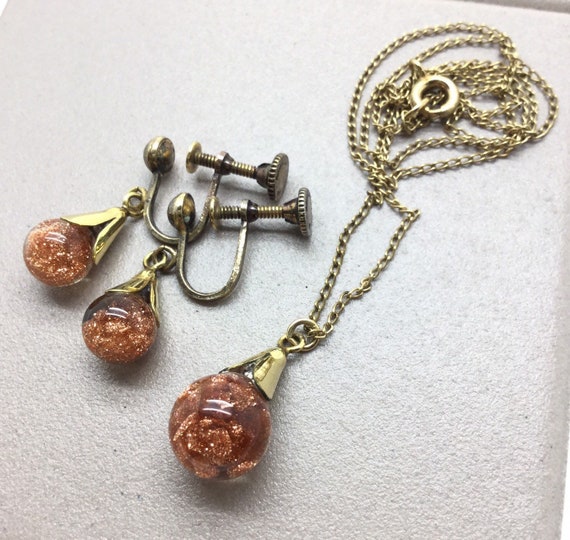 Vintage Floating Goldstone Pendant and Earrings ~… - image 2