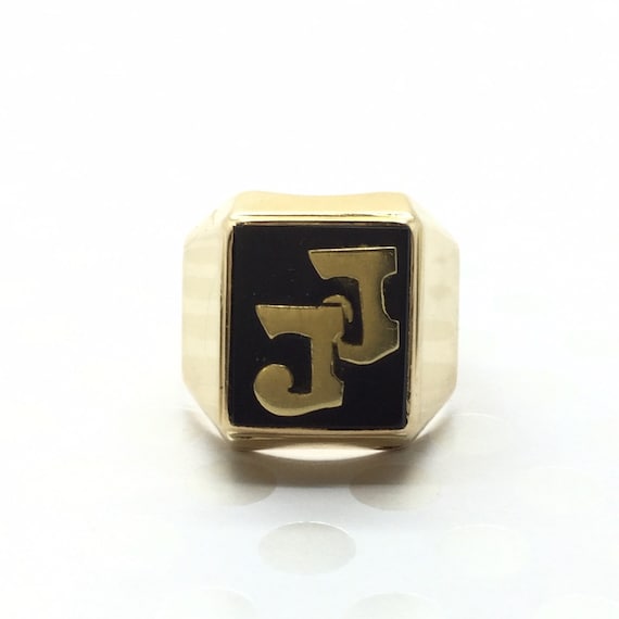 Vintage Art Deco Onyx Ring ~ Gold Initial Ring ~ … - image 1