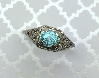 Art Deco Blue Zircon Ring ~ Filigree Ring ~ 14 Karat White Gold ~ Vintage Blue Zircon Ring ~ Natural Gemstone ~ Appraised