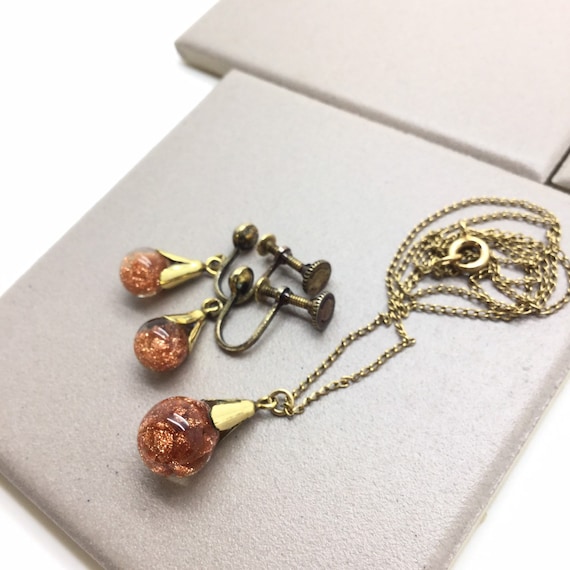 Vintage Floating Goldstone Pendant and Earrings ~… - image 1
