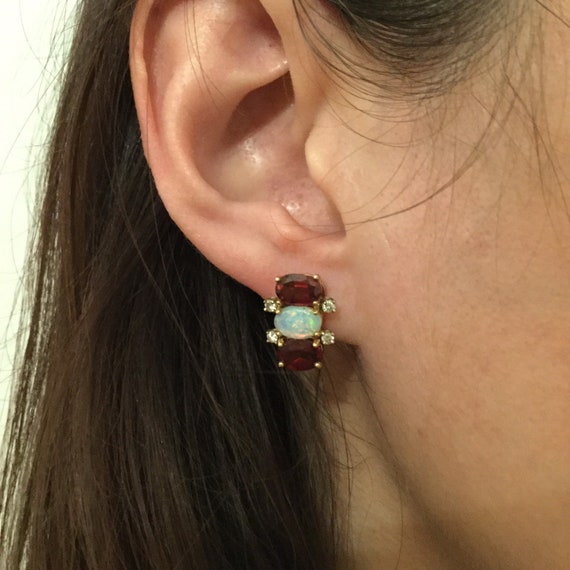 Vintage Garnet, Opal and Diamond Earrings ~ Yello… - image 6