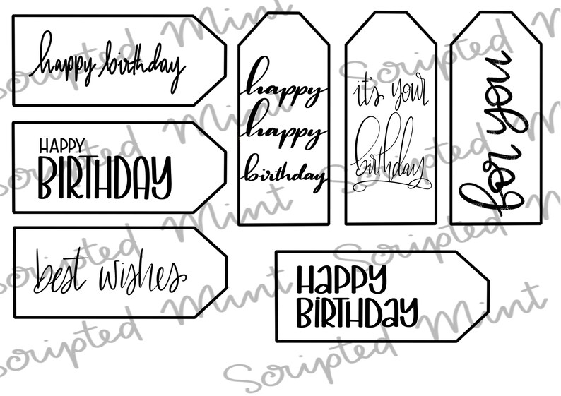 K&ouml;nnte beinhalten: Sechs schwarz-wei&szlig;e druckbare Geschenkanh&auml;nger mit verschiedenen Geburtstagsgr&uuml;&szlig;en. Die Anh&auml;nger enthalten den Text "happy birthday", "HAPPY BIRTHDAY", "best wishes", "happy happy birthday", "it's your birthday" und "for you".