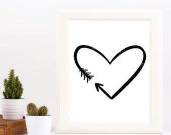 Love Heart Print, Wall Art, Printable Download, Black and White Print