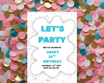 Editable Birthday Invitation, party invitation, confetti invitation, printable birthday invitation, colorful party invite.