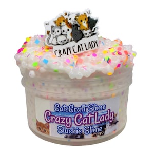May include: A clear plastic container filled with white slime with colorful sprinkles and a white charm with a group of cartoon cats and the text "Crazy Cat Lady". The container has a label that reads "CatsCraft Slime Crazy Cat Lady Slushie Slime".