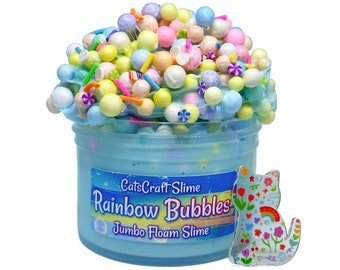 Jumbo Floam Slime "Rainbow Bubbles" SCENTED crunchy ASMR foam beads with rainbow cat charm