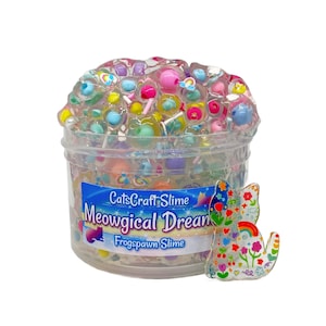 May include: A clear plastic container filled with colorful slime with beads and charms. The container has a label that reads "CatsCraft Slime Meowgical Dream Frogspawn Slime". A small charm of a cat with flowers and a rainbow is attached to the container.
