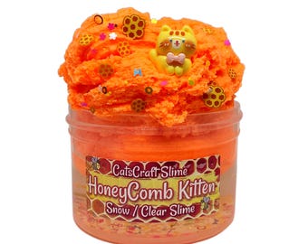 Snow / Clear Slime "Honeycomb Kitten" Scented Slime with cat Charm ASMR