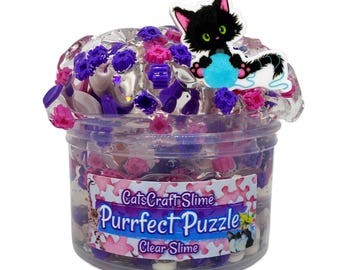 Clear Slime "Purrfect Puzzle" Scented Stretchy Crunchy Bead Slime ASMR 6 oz