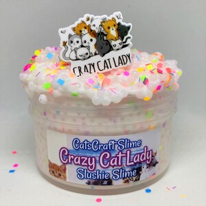 May include: A clear jar of white slime with colorful sprinkles and a cat-themed charm that says "Crazy Cat Lady". The label on the jar says "CatsCraft Slime Crazy Cat Lady Slushie Slime".