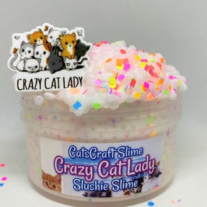 May include: A clear plastic jar filled with white slushie slime with colorful glitter and confetti. The jar has a label that reads "CatsCraft Slime Crazy Cat Lady Slushie Slime". The lid of the jar has a sticker with a group of cartoon cats and the text "Crazy Cat Lady".