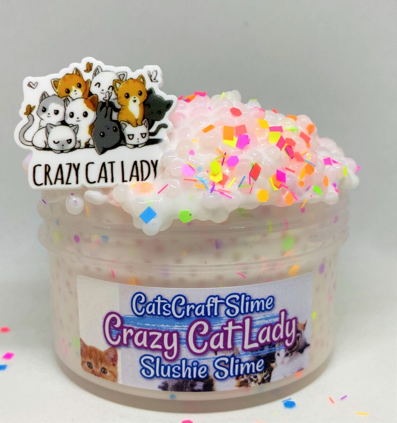May include: A clear plastic jar filled with white slushie slime with colorful glitter and confetti. The jar has a label that reads "CatsCraft Slime Crazy Cat Lady Slushie Slime". The lid of the jar has a sticker with a group of cartoon cats and the text "Crazy Cat Lady".