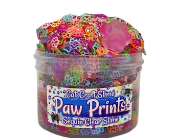 Sequin Crunch "Paw Prints" Clear Slime Scented Stretchy Rainbow ASMR 6 oz