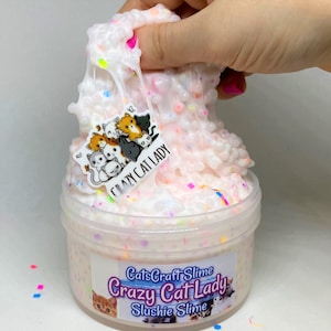 May include: White slushie slime with colorful sprinkles and a sticker that says "Crazy Cat Lady". The slime is in a clear plastic container with a label that reads "CatsCraft Slime Crazy Cat Lady Slushie Slime".