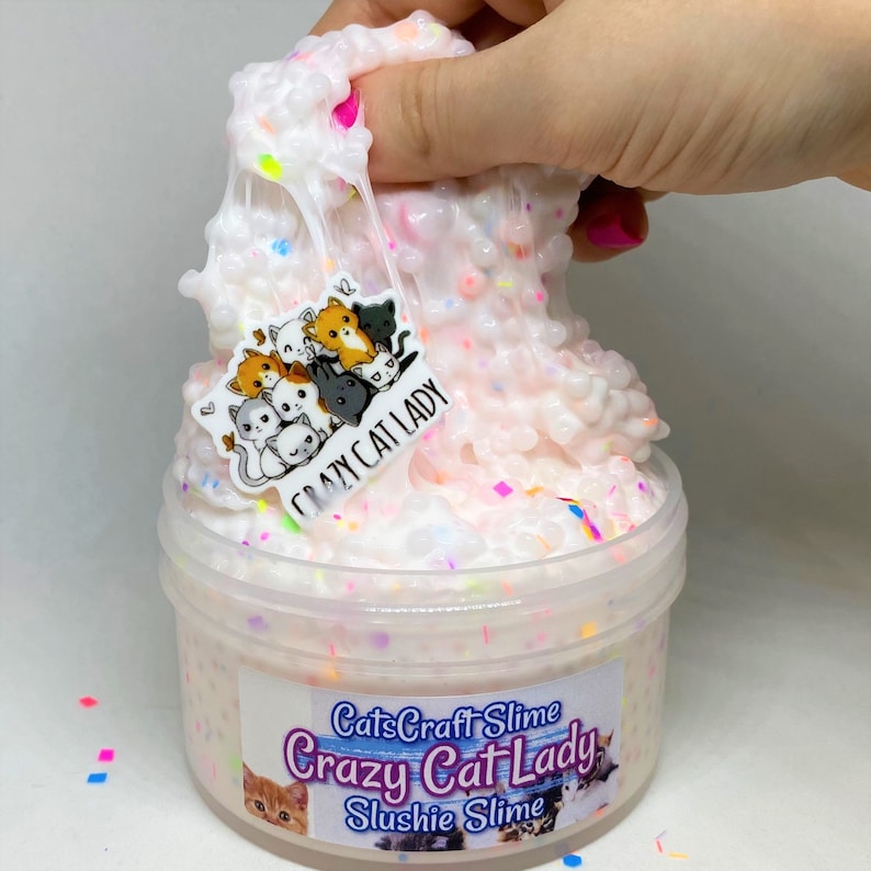 May include: White slushie slime with colorful sprinkles and a sticker that says "Crazy Cat Lady". The slime is in a clear plastic container with a label that reads "CatsCraft Slime Crazy Cat Lady Slushie Slime".