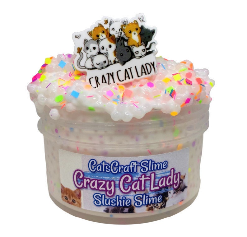 May include: A clear plastic container filled with white slime with colorful sprinkles and a white charm with a group of cartoon cats and the text "Crazy Cat Lady". The container has a label that reads "CatsCraft Slime Crazy Cat Lady Slushie Slime".