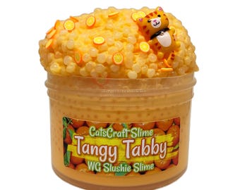 May include: A clear plastic container filled with orange-colored slushie slime, topped with small orange slice charms and a small orange tabby cat figurine. The label reads CatsCraft Slime Tangy Tabby WG Slushie Slime.