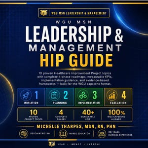 Könnte beinhalten: Eine dunkelblaue Infografik mit dem Titel WGU MSN LEADERSHIP & MANAGEMENT HIP GUIDE. Sie beschreibt 10 Themen für Projekte zur Gesundheitsverbesserung mit 4-Phasen-Roadmaps, KPIs und Rahmenwerken. Autorin ist Michelle Tharpes, MSN, RN, PHN.