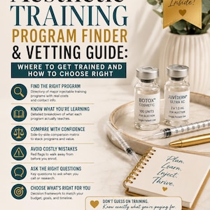 Puede incluir: Una guía titulada Aesthetic Training Program Finder & Vetting Guide con texto, iconos y una banda dorada. Dos viales de vidrio etiquetados Botox Cosmetic 100 Units y Juvederm Ultra XC 2 x 1,0 ml, una jeringa y un bloc de notas con el texto.