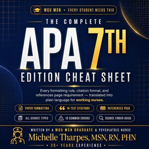 May include: A dark blue digital guide titled The Complete APA 7th Edition Cheat Sheet. It features white and gold text, including sections for paper formatting, in-text citations, references, source types, common errors, and a source finder guide.