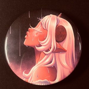 May include: A digital illustration of a person with long, white hair and a spiral horn. The person is looking up at the rain, which is falling in the background. The person has a pink and red skin tone.