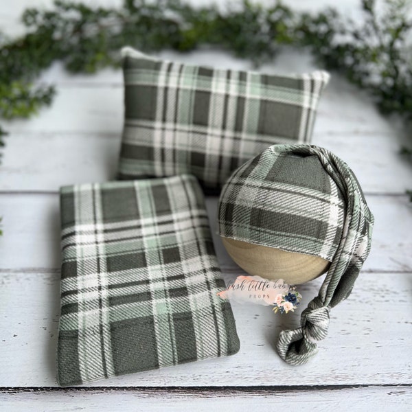 Green Plaid Newborn Boy Pillow, Newborn Sleepy Cap, Boy Props, Newborn Wrap, Newborn Photo Prop, Boy Photography Props, Plaid Sleepy Hat