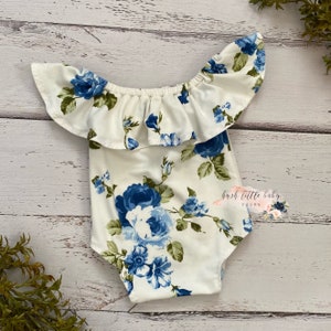 Sitter Romper, Newborn Romper, Girl Photo Props, Girl Outfit, Baby Girl Props, White, Blue, Floral Sitter Outfit, Photography Props image 3