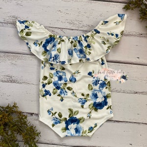 Sitter Romper, Newborn Romper, Girl Photo Props, Girl Outfit, Baby Girl Props, White, Blue, Floral Sitter Outfit, Photography Props image 2